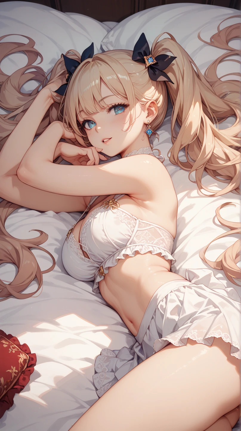 Masterpiece, Best Quality, Official Art, (Highly Detailed CG Unity 8k wallpaper), Detailed background, (Hands by Guido Daniele: 1.1), Feet out of frame, First Person View, 1, Beautiful woman who is attractive and perfect, Lying on bed, Lying on her back on the bed, ((Wake up: 1.14))), (Pajamas, sleepwear, underwear, White thighs: 1.12), (Blonde long-haired (Ahoge: 1.13), (High Ponytail: 1.12), (Green Eyes: 1.13), Look at the Beholder, Big, (cleavage), Beautiful Face, (Blush: 1.11), (Smile: 1.11)
