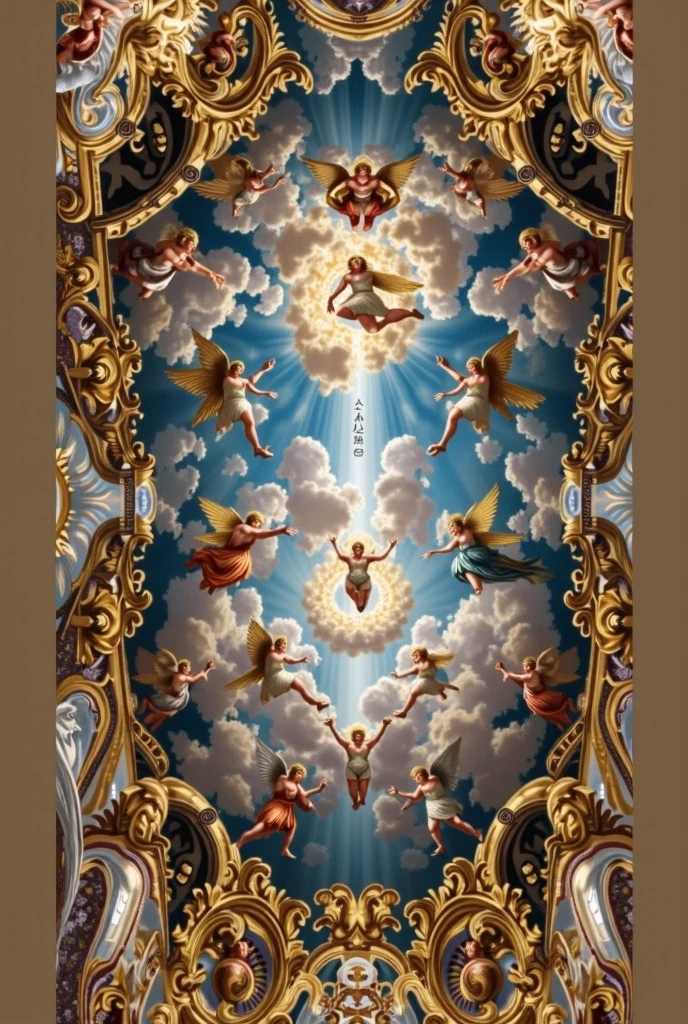 Symmetry Full-Layout Full and Complete Composition Closed Alfons-Mucha-Style Rectangle Decorative Surround Full-Layout Whole Edge and absolutely five angel children flying in a frame