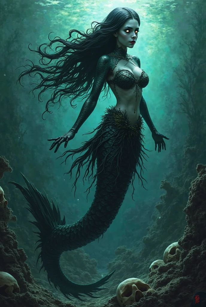 high details, best quality, 16k, [ultra detailed], masterpiece, best quality, (extremely detailed), full body, ultra wide shot, RAW, photorealistic, dark fantasy art, dnd art, rpg art, realistic art, an ultra wide picture of a vampiric mermaid (1.5 intricate details, Masterpiece, best quality) blood mage casting ((blood control spell)), blood wizard ((blood magic, intense magic details)), ((controlling a swirling mass of blood)) underwater, magical symbols GlowingRunes_pink, female vampiric mermaid, pale skin, black hair, long hair, swirling hair, lower body tail fin, intense eyes, red eyes, small (( red eyes)), ((glowing eyes)), wearing sea shell clothing, beautiful dark mermaid, underwater background, rich underwater life, ((magical atmosphere)), fish and sea weeds, high details, best quality, highres, ultra wide angle