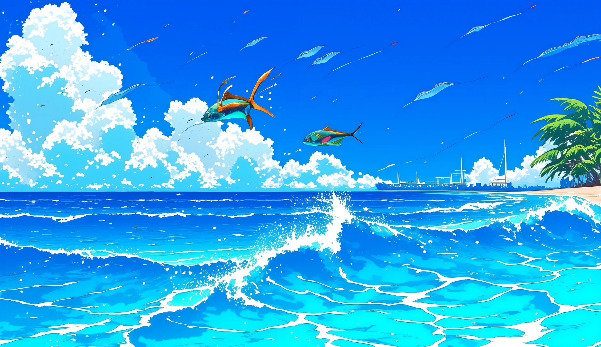 pacific ocean、emerald green sea from above、one young fish、are bouncing above sea、Dynamic、Islands and ships can also be seen in the distance