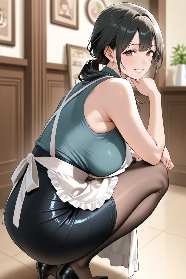 One Woman、One Man、The man is looking up her skirt、Beauty、Cafe、Cafe屋の制服、?乱Cafe店員、Cafe店員、Age 25、Tight Skirt、Large number of customers、Looking down at the viewer, ponytail, Highest quality, Focus on the thighs, smile,  Black Pantyhose, panties under pantyhose、Plump thighs、Big Ass、Big 、 Black Hair,My thighs are steaming between the legs 、Sweaty pantyhose、Angle from directly below、Waiting for Obon、Coffee cup on the tray