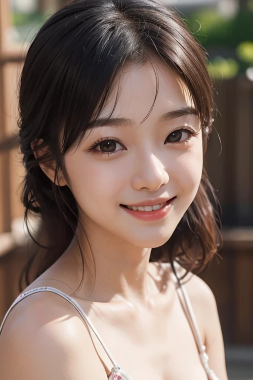 highest quality, masterpiece, ultra high resolution, (realistic:1.4), (close portrait) Raw photo, 1 girl,20-year-old,((Holiday Substitute々tree park)),((Asian Fashion)),messy hair,((Ponytail and scrunchie, chestnut-colored hair)),((Bangs short hair)),realistic,picture media chest)),((toothy smile)),((big smile))