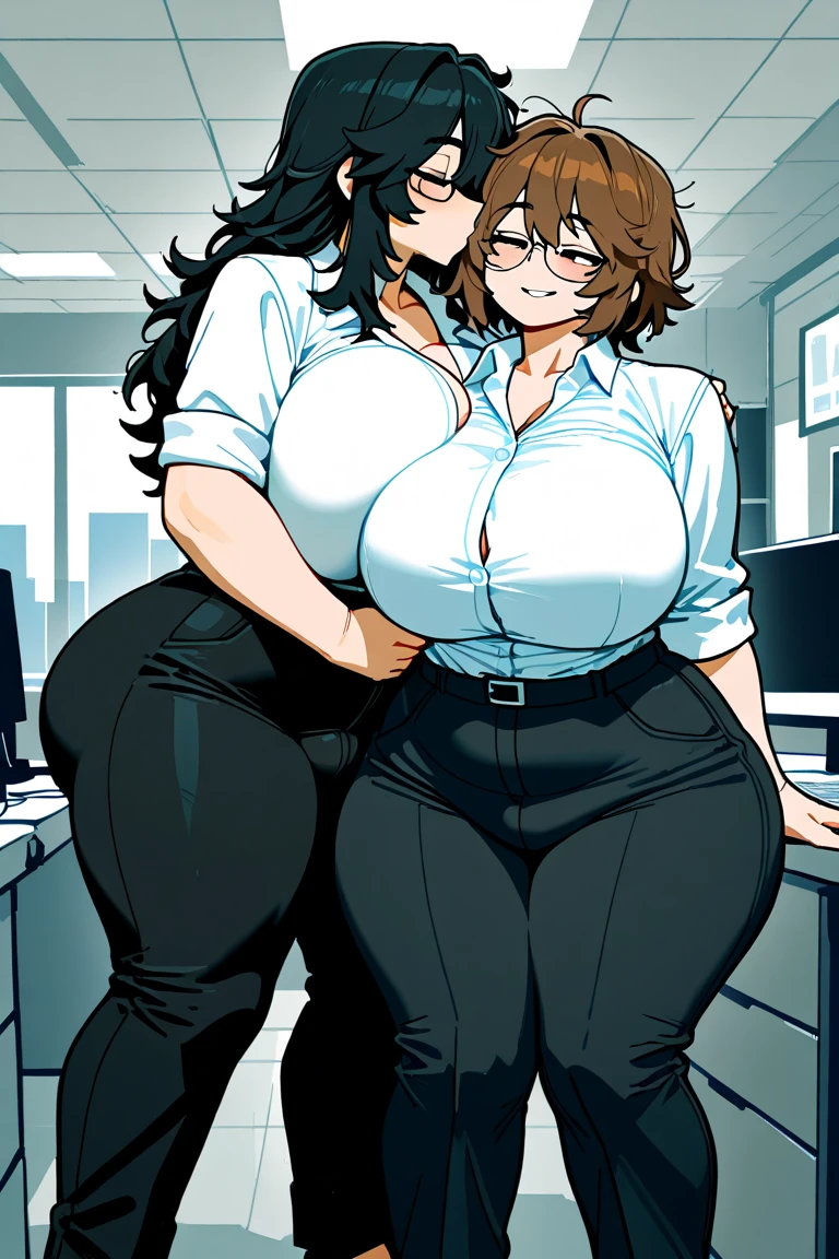 2heads, a short chubby woman with 2 heads. She has extremely huge breasts. She is in an office. She is wearing professional blazer and suit. She is wearing glasses. Her hair is up in a bun. She has massive breasts. She looks mature. She has a stern seductive look on her face. She is blushing. She has enormous breasts. She has a full figure with wide hips and huge breasts. Her breasts are extremely huge and circular, and appear to be surgically augmented to be way larger.