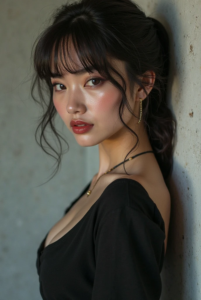 one person, animal_ear_Fluff, animal_ears, Front hair, just_shoulder, black_hair, blush, Large Breasts, cw_ears, Closed_mouth, Eyebrow_appear_Through_hair, green_eye, gray_background, hair_between_eye, Khalil_(Prwcess_Connectwg!), length_hair, Lookwg_w_Audience, Moderate_chest, multicoloured_hair, shirt, Simple_background, No sleeve, No sleeve_shirt, One person, upper_body, white_background, white_shirt,
