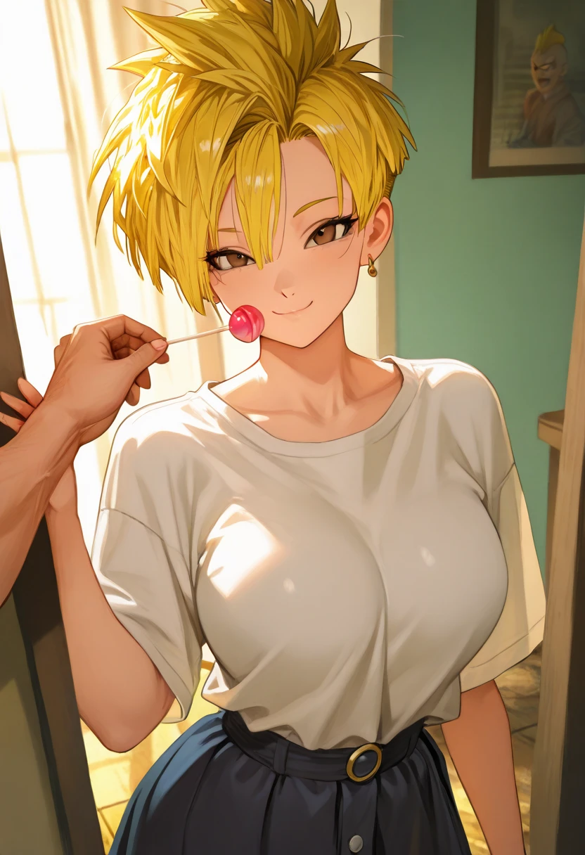((((Cum on face and tits))), (best quality, masterpiece, RAW photo,ultra-detailed:1.2), 1girl, looking at viewer, smile,
panchy, closed eyes,orange shirt, strapless, belt, blue pants, huge breasts, from above,