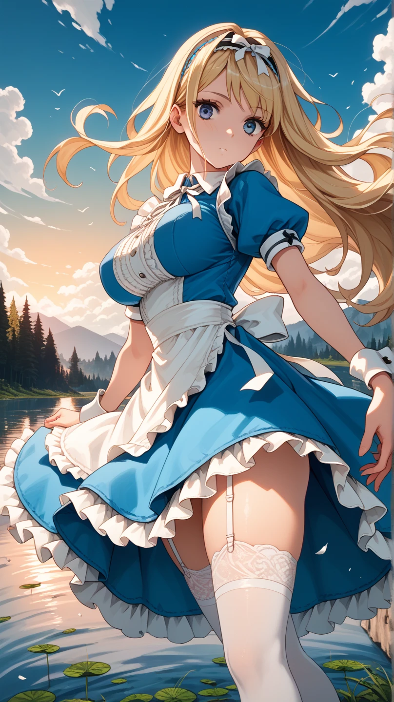 Alice in Wonderland style,(best quality, In 4K, 8K, High resolution, muste piece:1.2),Super detailed, (Reality, photorealistic, photorealistic:1.37),30 year old woman,ripe woman,Mature woman,,muster piece, Top quality, Ultra-fine,maximum resolution, Extremely detailed, sexy,beautiful eyes,(blue dress,frill,red bunny ribbon,thigh high socks,large breasts,groin focus,white panties,miniskirt,from below)),blush,thong,wavy hair,Cord,blonde hair,Seductive thighs,in Forest