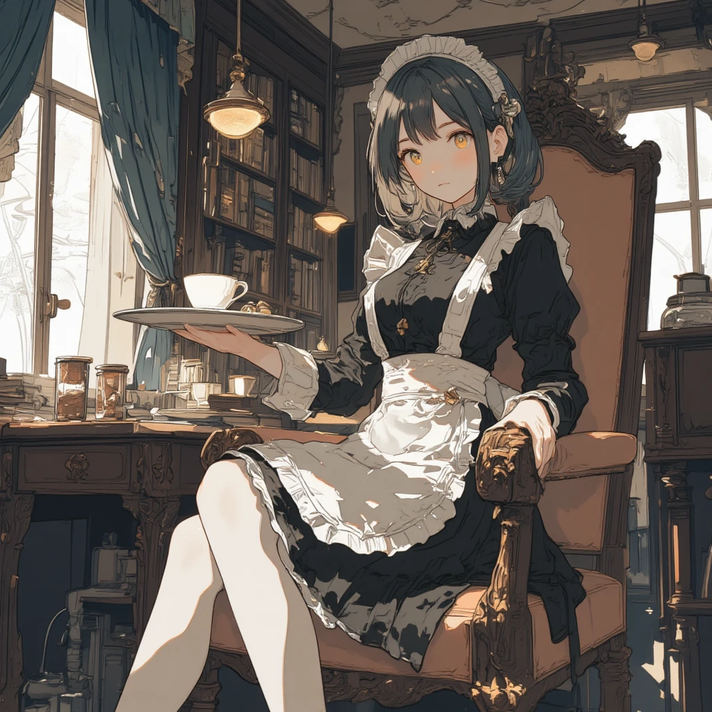 ((1girl,cute,japanese,young,short beautiful black hair,bob cut,beautiful blue eyes)),(solo),(gothic lolita),((masterpiece, highest resolution,best quality)), (beautiful illustration), (looking at the viewer), innocent smile,beautiful modern maid cafe,big city,table,chair,window,flowers,