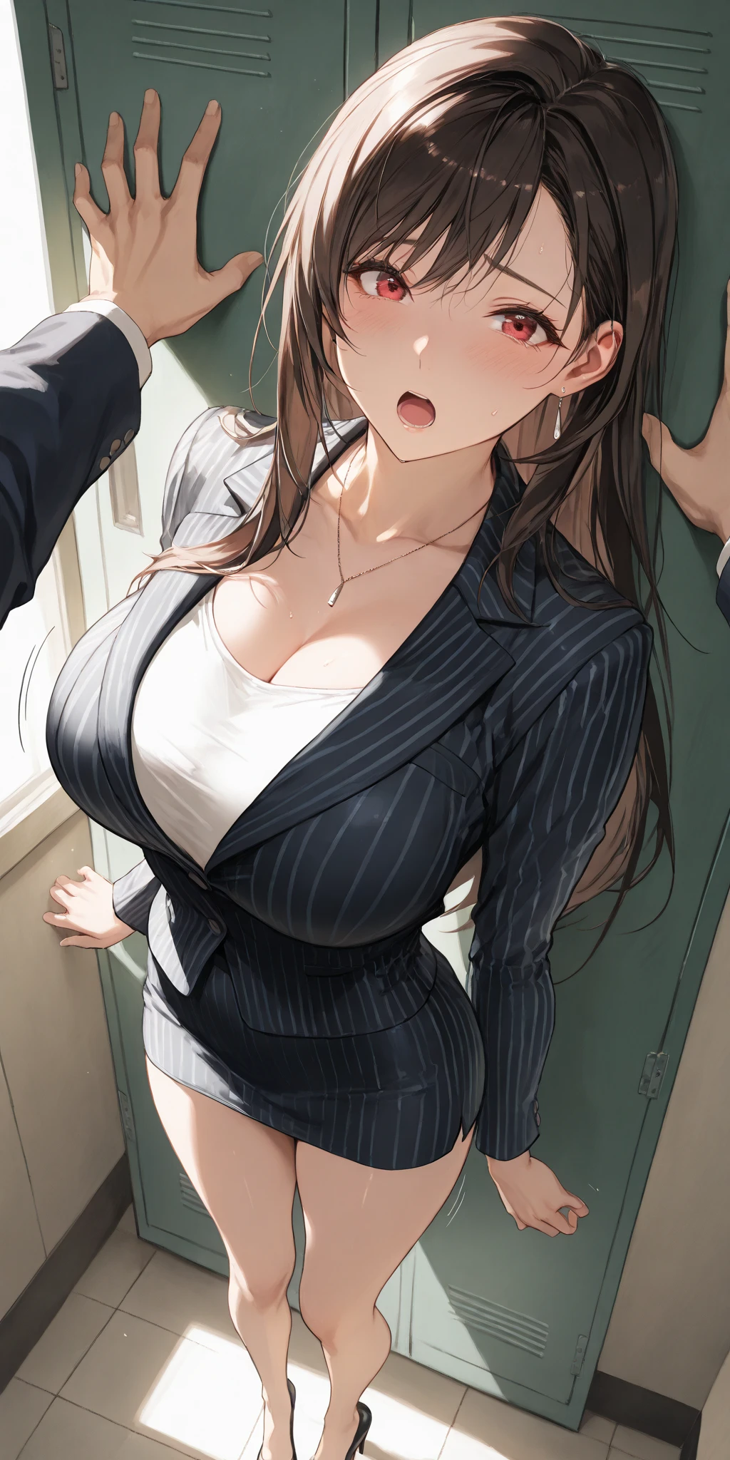 (highest quality, 4k, High resolution, masterpiece:1.2), Super detailed, portrait, bright colors, soft lighting, ((1 female, female teacher, adult sex appeal)), super cute face, (light brown hair:1.2, wavy hair), sexy pose, fine eyes and lips, beautiful face, Relaxed atmosphere, golden highlights, delicate features, body art, latex costume, playful expression, ((black office dress, white shirt, black tight skirt, 40 denier stockings:1.5, high heels)), natural makeup, long eyelashes, shiny hair, asymmetrical bangs, cute face, beautiful and detailed eyes, beautiful clavicle, beautiful body, beautiful breasts, beautiful thighs, bright smile, teasing gaze, provocative, erotic, Charm, pure elegance, Charmな魅力, Charm曲線, artistic composition, gentle curve, facing the front, in the school hallway, seductive thighs, look at me, center image, subtle sensuality, subtle makeup, soft tones,