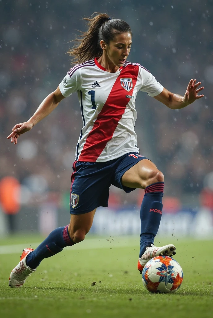 ((full body)), (8K, Best Quality, masterpiece), (Realistic, Photorealsitic), of the highest quality, masterpiece, Beautuful female, adult female, Argentina Female, (((Argentine national soccer uniform))), (((in the soccer field))), Small bust, slender, wavy blonde hair,breasts:1.2), dim lit, (Skin with attention to detail, Detailed eyes:1.1), 8K Ultra HD, Digital SLR, soft lighting, Intricate details, Highest quality, Film Grain, Fujifilm XT3, analog style, Instagram, only tok, (skinny:1. 2), (Preppy Style:1. 2), Put your hair up, hair on the side, (Wavy Hair:1.1), (brown hair:1.1), (Greasy Hair:0.8), (rouge makeup:1.0), (in disco:1.2), (smile:1.2), (Surprised eyes:1.2), (wearing a blue soccer jersey and blue shorts, white knee-high socks and gloves), She is a sporty girl with brown hair and brown eyes playing soccer in a stadium full of spectators in the stands. She is celebrating a goal. She is jumping with happiness. She is wearing a argentia national team jersey and soccer shorts with the number 10 printed on them. He has a soccer ball and perfect hands and runs with speed and agility. She loves soccer and is celebrating a goal, always energetic and competitive. She has a confident personality and a friendly smile. She is loyal and supportive and motivates everyone with her enthusiasm. She enjoys playing with her teammates and scoring goals. She is passionate about soccer and teamwork. She is cute and friendly, and everyone likes her. 8K picture quality、detailed CG images、(hight resolution, Best Quality, masutepiece:1.4), (1womanl :1.3), tall thin legs, Sparkly skin, narrow hips, Teeth on the skin, big breastes, (Woman in soccer shirt showing breasts:1.3), football shorts, Short shorts,(((裾を縛る)))、((へそ出し))、 Sweating Lots, (Above the football stadium:1.2), taut clothes, (Angry look, Sprinting, Beautiful)、hair messy、Floating hair