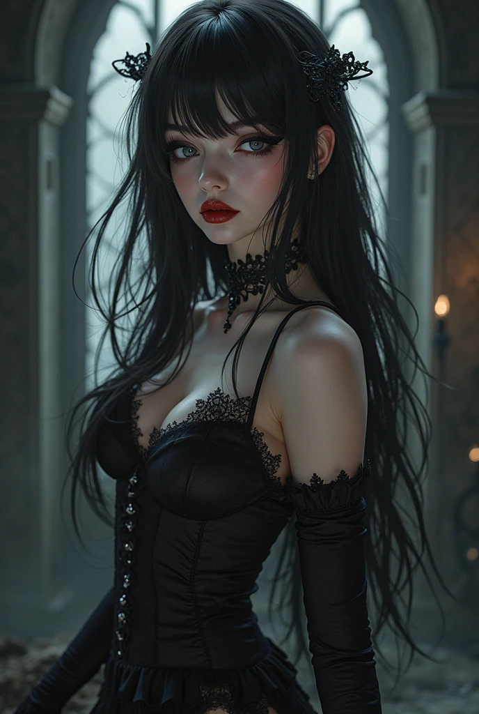 (masterpiece), A very pal humanoid character hovering above, with red eyes, horror, she is creepy, she is scary, shock value, very evil, she is skinny, evoke, fear, terror, dread, decay, disgust, dark, unusually thin, thin, scraggly, emaciated, twisted, frightening, sick, (messy_long_straight_dark_hair), fog, evil eyes, eyes glowing, (she is wearing a black_dress from the 1600s, it is torn.), fall weather, cold, night time, she is in the air, floating, covered in blood, floating above a small town, she is in the air, up in the sky, full moon, 1600s
