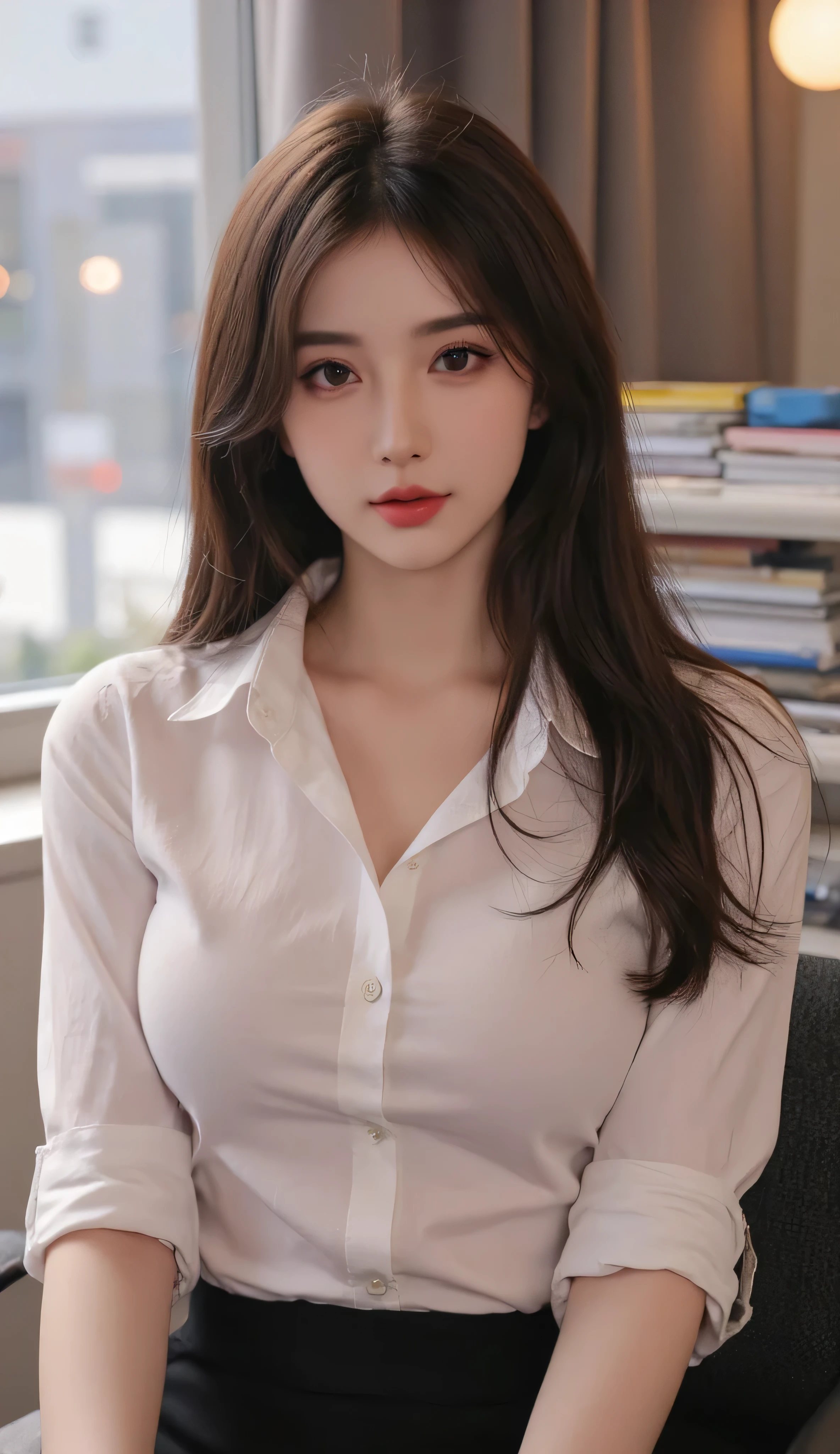 (Raw photography)、(masterpiece、top-quality:1.3、ultra-quality)、(Ultra-detailed 8K)、(A hyper-realistic:1.35)、(Photorealsitic:1.45)、(realisitic:1.5)、Beautuful Women、Beautiful woman with perfect body shape:1.4、beautiful countenance、A detailed face、A detailed eye、Slender Abs:1.2、((dark brown hair、middlebreasts:1.4))、length hair:1.5、hair wavy、((Very oversized white shirt, Buttoned shirt, Open Shirt))、a miniskirt、(Jean:1.1)、Highly detailed facial and skin texture、A detailed eye、二重まぶた、crouching down、Expression of melancholy、Big city、