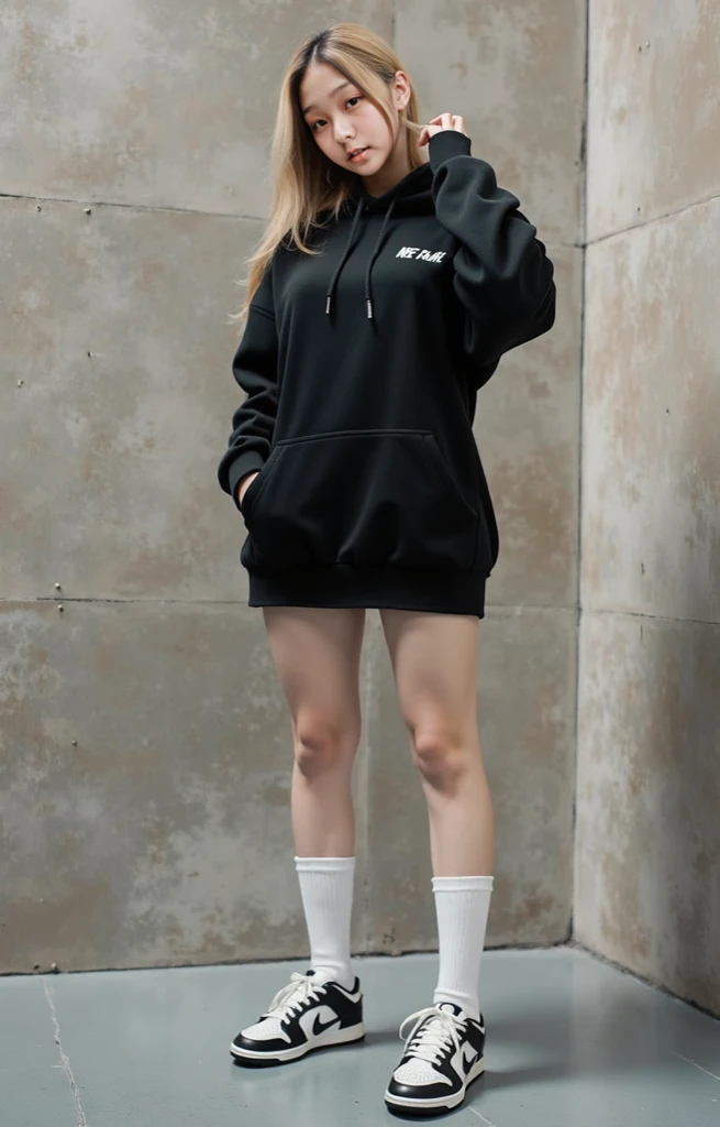 Japanese women age Girl A beautiful girl black hoodie dress Thick and beautiful thighs cute Short Bob Hair thick and beautiful legs 8K highest quality Masterpiece High quality Real sex appeal Fascinating Beauty Only one person Baby-faced beauty Sexy black socks Sitting
