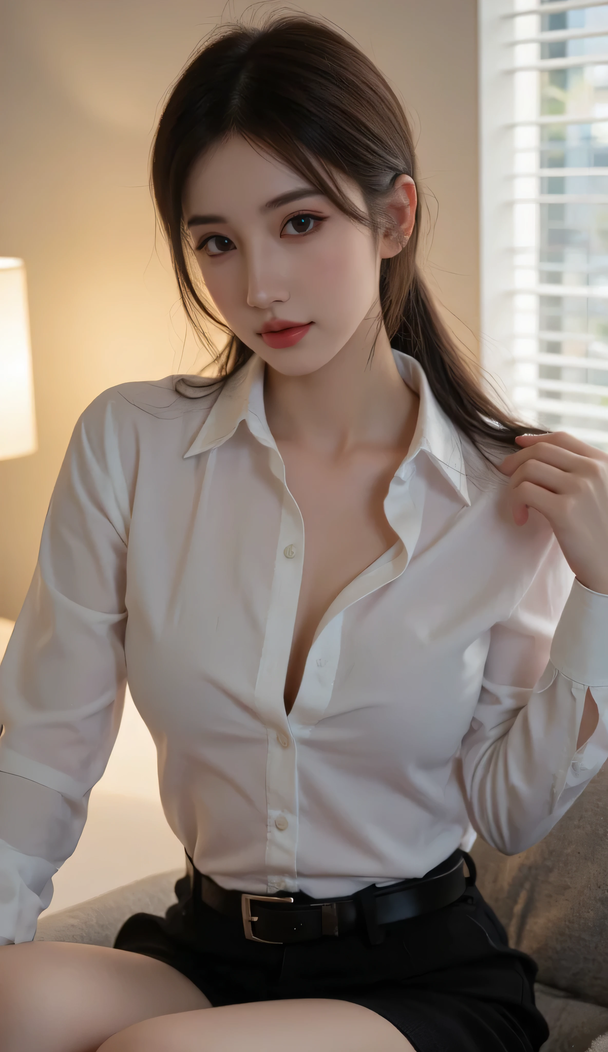 8K quality、High definition、Realistic skin texture、High definitionの瞳、、Blowjobする女、Brown long hair、、A neat and tidy blouse dress made of thin fabric、slender、Model Body Type、Flip-up skirt、Realistic female genitalia、Deeply sucking a realistic male organ、Blowjob、Deep Throat、Semen-covered body、Bury your head in the man's waist