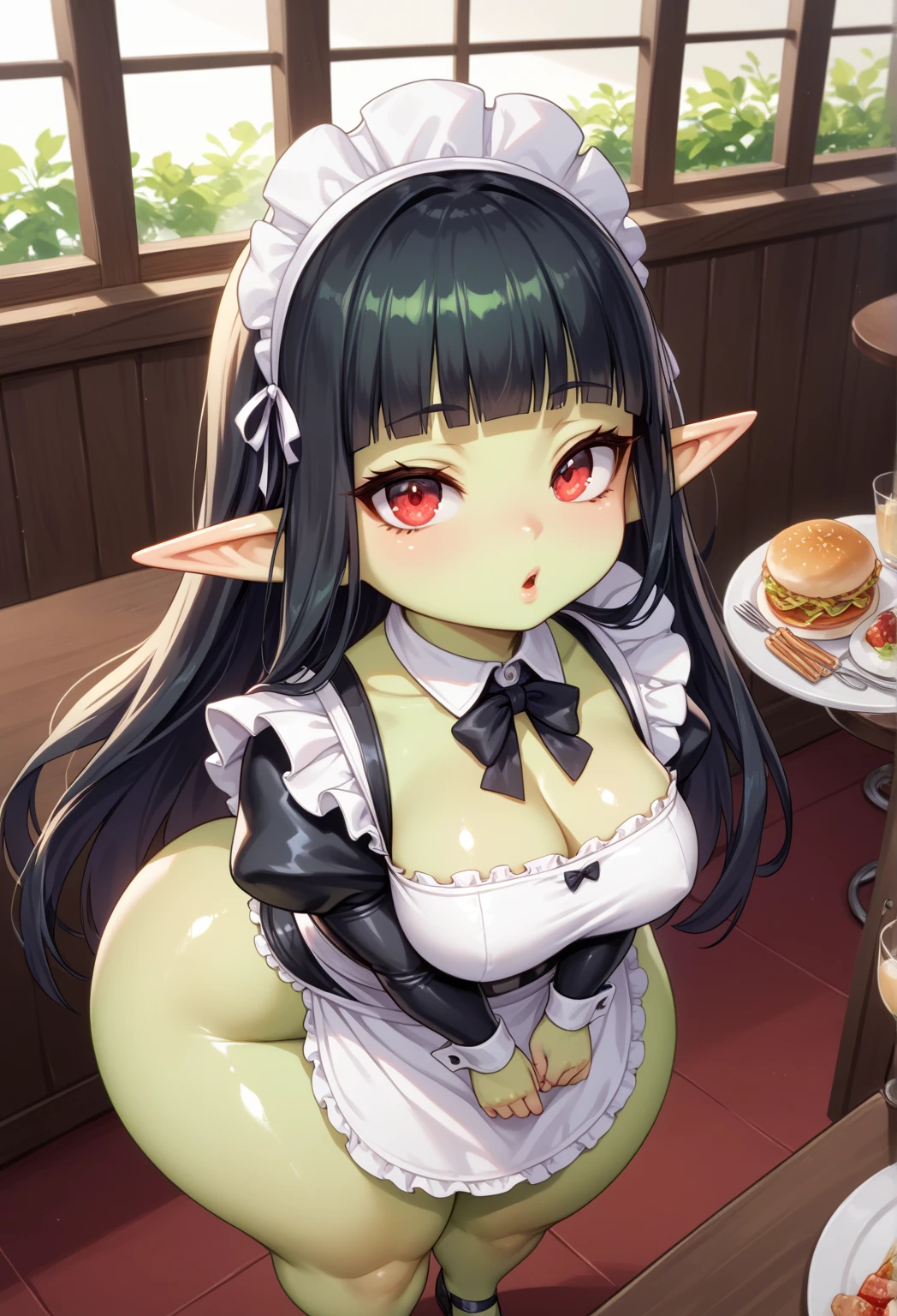 (a minigirl below the breasts of a giantess: 1.1), (height_difference:1.5), (size_difference:1.2), restaurant, food, dining, she is looking down at her, she is looking down, a giantess looking down at a minigirl, a giantess with a minigirl below her breasts, she is looking down at her, (giantess:1.6), smug, :3, (2girls:1.5),  cleavage, shiny skin, a crowd of people on a table below the breasts of a giantess, a crowd of people on a platform in front of the breasts of a giantess, (multiple_girls:1.1), (rear end:1.2), (minigirl:2), (minigirl on a table: 1.1), sweaty, elfgirl
