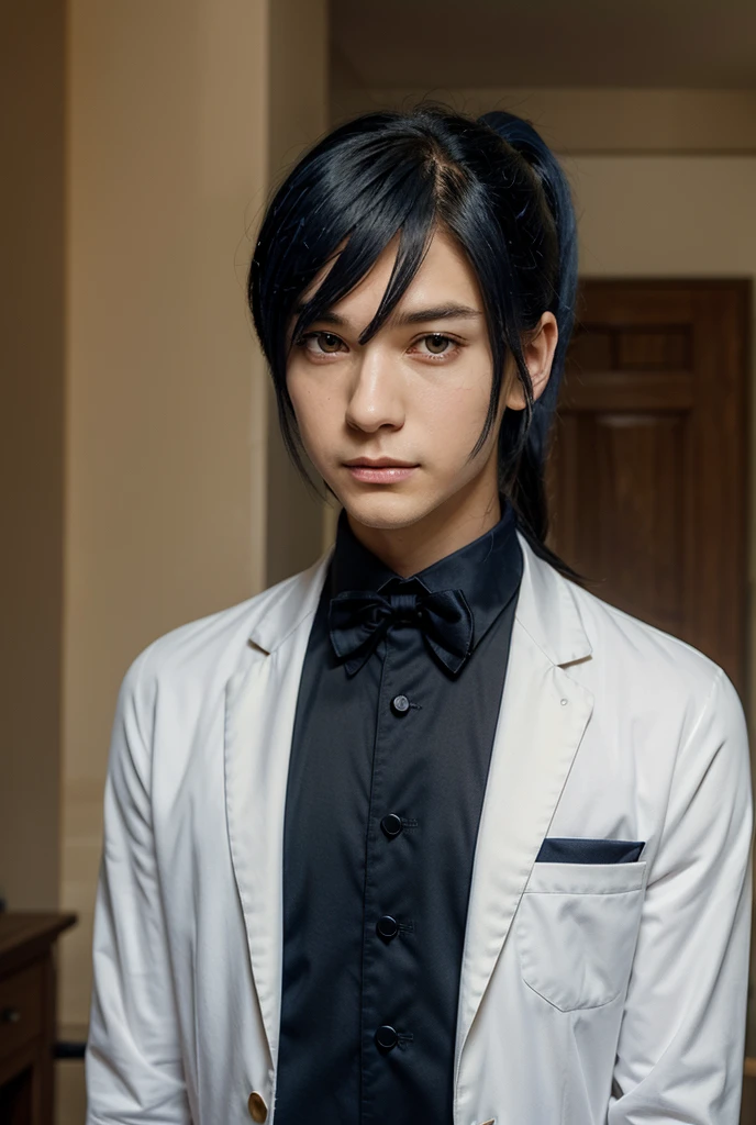 A anime chibi boy, medium length black hair with ponytail, X-shaped bangs, demon with black wings, elegant suit, blue eyes, scar on left eye