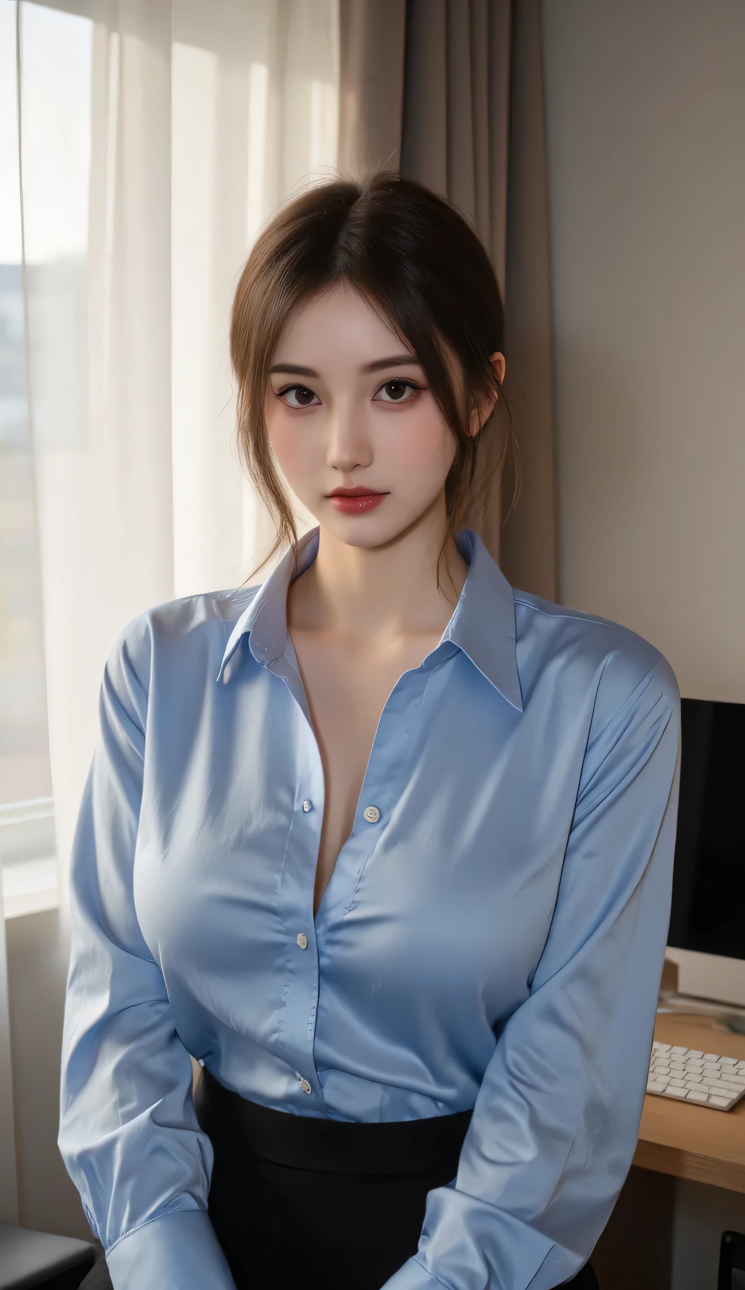 Japan girl, girl in her twenties, just right breasts, perfect breasts, perfect skin, slightly wet hair, perfect, dark hair, brown eyes, office lady, navy suit top and bottom, light blue shirt, rain, shiny, luminous, city, see here