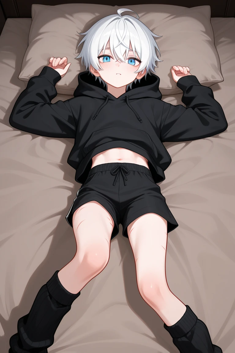 (masterpiece, Highest quality), Intricate details, 8k, White Rabbit, Slim figure, bed, Gray Hair, furry, blue eyes, 10th Generation, Short stature, ((1 person)) , ((male)), Black clothes, Expressionless, Lying on your back, Black shorts