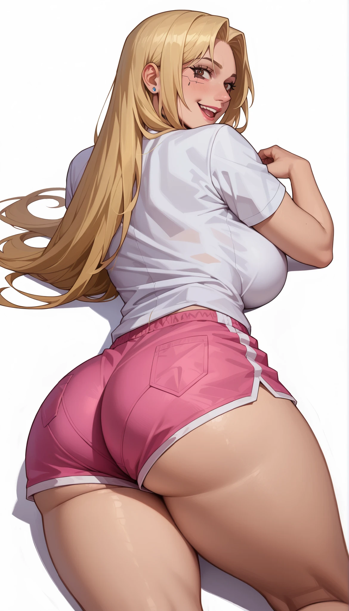 (((Perfect figure,figure,solo, White and tender skin,(((cyberpunk,short sleeves, dolphin shorts, t-shirt, pink shorts, white shirt, , ))),(((MiaChadef, long hair, blonde hair, brown eyes,,))),((masterpiece)),high resolution, ((Best quality at best)),masterpiece,quality,Best quality,((( Exquisite facial features,Looking at the audience,There is light in the eyes,(((Lol,Happy,))),))),(((Light and shadow,Huge breasts))),(((Looking at the camera,White background,Lying on the ground,Looking back at the camera,From the back,plump ass))))