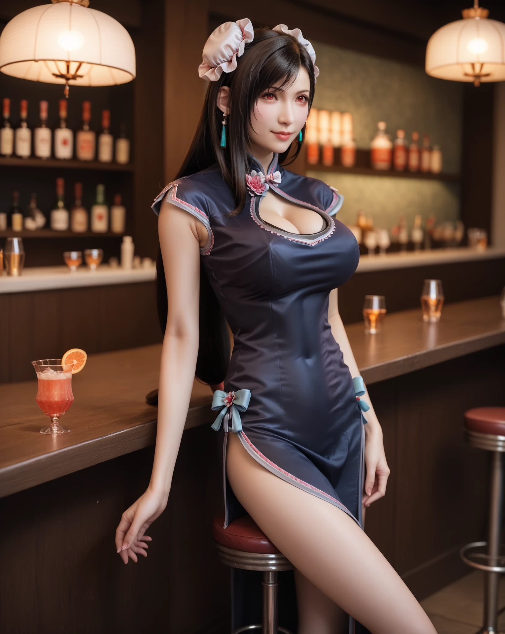((masterpiece)), (highest quality), 23 years old,Very detailed, finely, (High resolution), (8k), ((Perfect front viewcomposition)), (Natural color lip),(Side Ponytail:1.3),(((Standing facing forward at the bar))), Look at me and smile))),((Silk rainbow color short dress)),((From the whole body to the toes:1.3)),((Perfect front view)),((sitting on a bar stool)),((Model pose)),,((Big ribbon on thigh)),((Normal size buttocks)),((Ample breasts)),((Full and firm breasts)),(Look at me and smile),