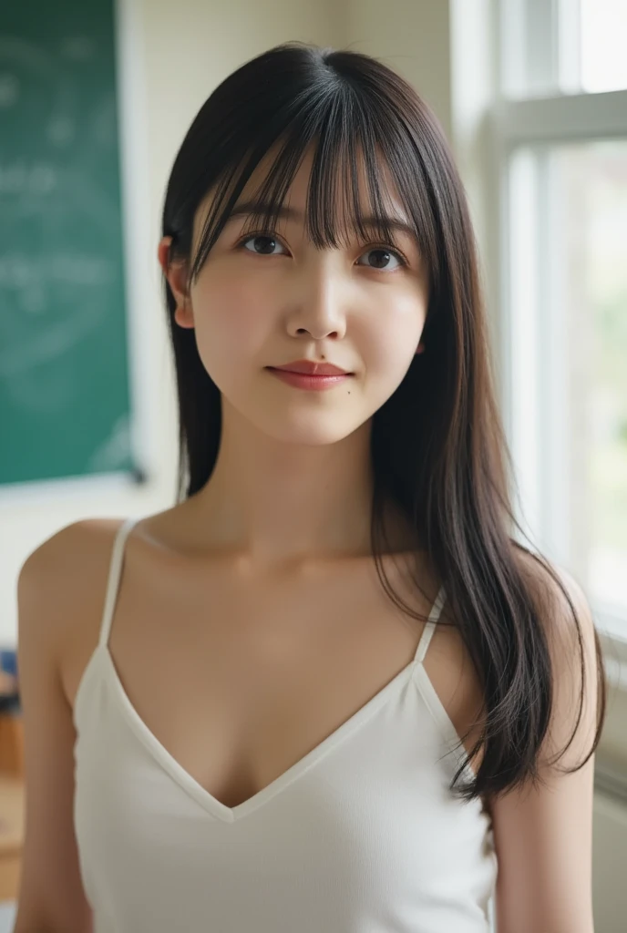 ((16K resolution:1.27、highest quality、masterpiece:1.5、超A high resolution:1.2))、 beautiful japanese woman、 (High School Teacher:1.3)、Around 30 years old、Teacher's costume、rich bust:1.5、valley、black hair、black eye、obscene underwear、window、high school classroom、blackboard、evening、enchanting smile、((perfect anatomy、beautiful limbs,healthy body、beautiful skin))、professional lighting、professional photography、gravure、