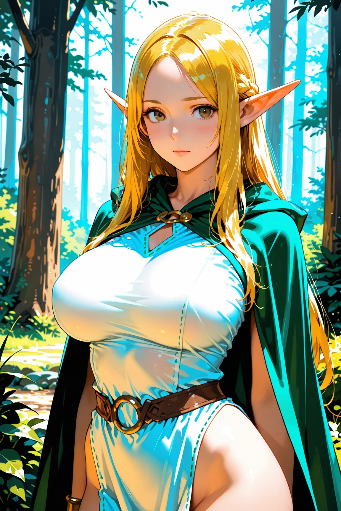 A sexy blonde hair elf girl, in forest, very big breasts, sexy elf clothes, one breasts out, nipples, embarrased, confused, covering with hands