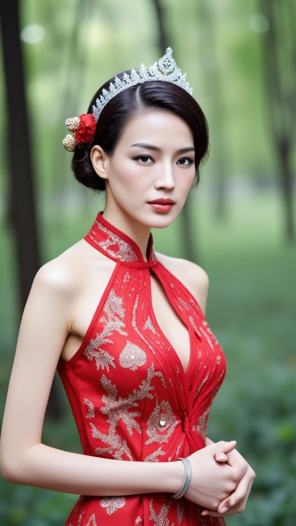 Chinese beauty, wearing a red halter top with gold embroidery, a beautiful face and figure, delicate skin, real photos of models with a gorgeous background. She is in the center facing up to her waistline in the style of her chest. Her whole body photo has an extremely high resolution.