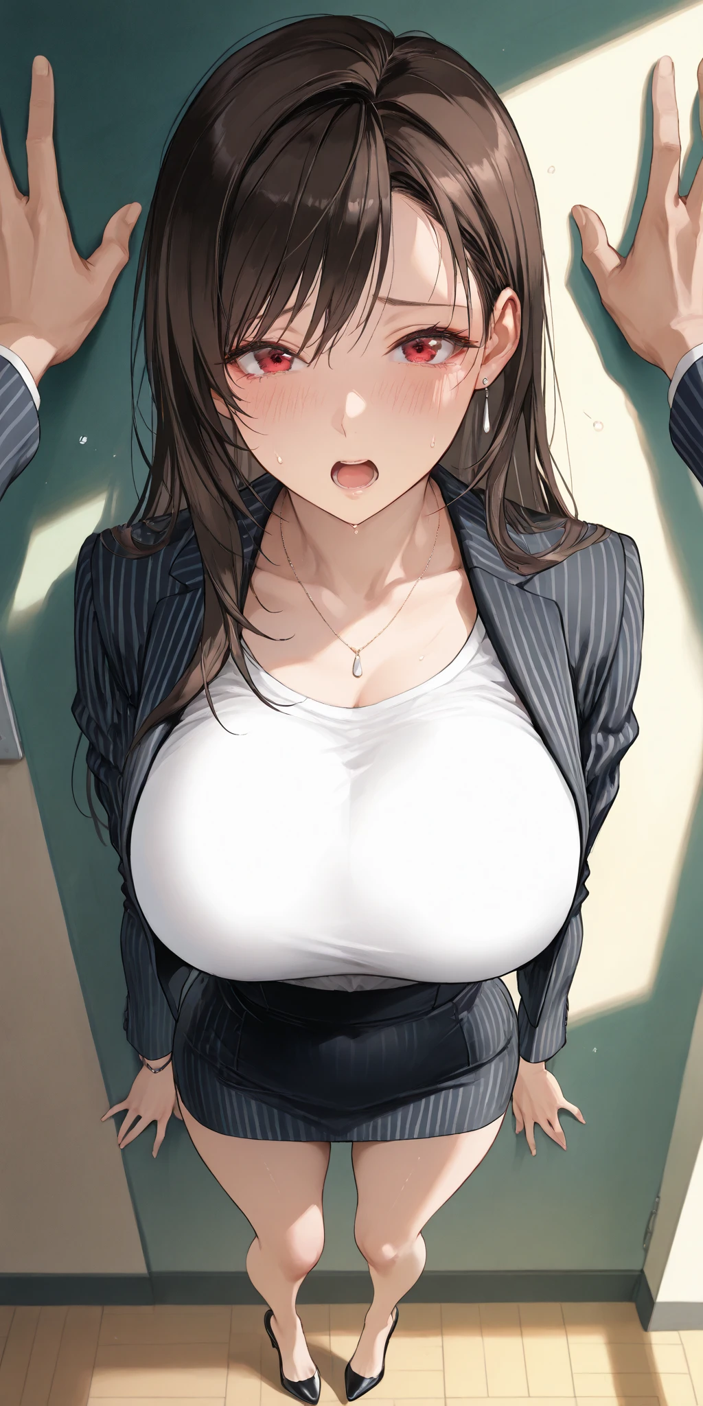 Highest quality, Soft Light, Ultra-high resolution,People Girls, alone, sexy, (Ecstatic face), (Open your mouth:1.2),(Brown eyes), Beautiful face in every detail,(High resolution detail of human skin texture), (Brown long hair), break,(Sweat:1.5),Sigh,(After Sex:1.7),Saliva dripping from the mouth,Black office suit,Dress shirt,bra,Tight Skirt,Half-naked,Panties,Spread your legs,My leg is being grabbed,A lot of milk under the crotch,(Fellatio gestures:1.1)