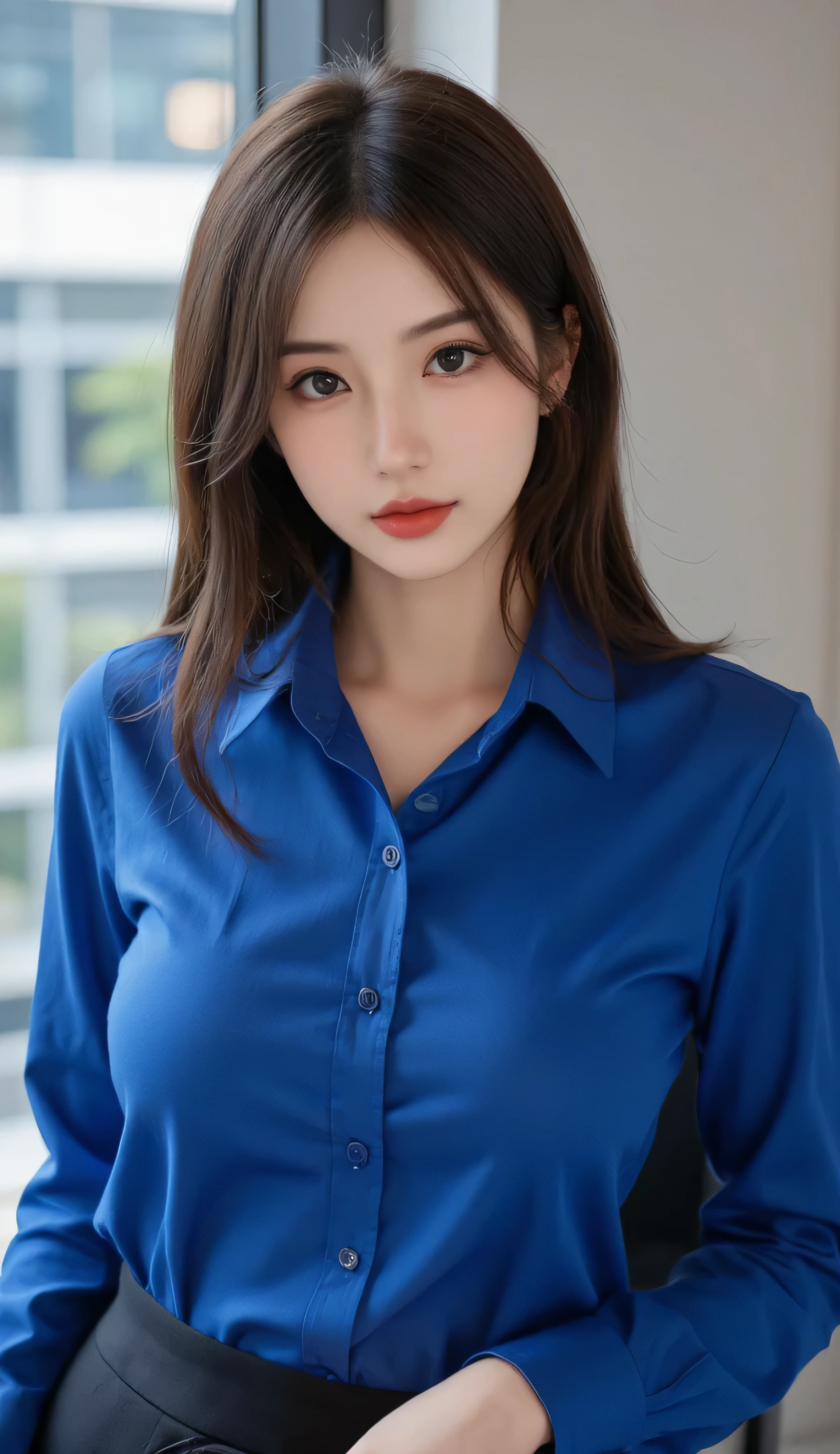 Highly detailed CG Unity 8k wallpaper, top quality, super detailed, masterpiece, realistic, photorealistic, highly detailed cute girl, 25 years old, blush, round eyes, medium breasts, viewer, half body shot, black pantyhose, casual shirt ,room,shoot from the side

