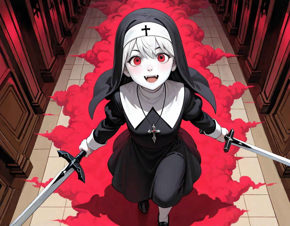 1girl, nun, cross, cross necklacke, jewelry, (black hair), (turquoise bangs), very short hair, hair over eyes, pale skin, yellow eyes, glowing eyes, black dress, house, corridor, evil smile, blood on mouth, (big belly), (tatto on belly), (glowing belly), horror scene, (masterpiece), best quality