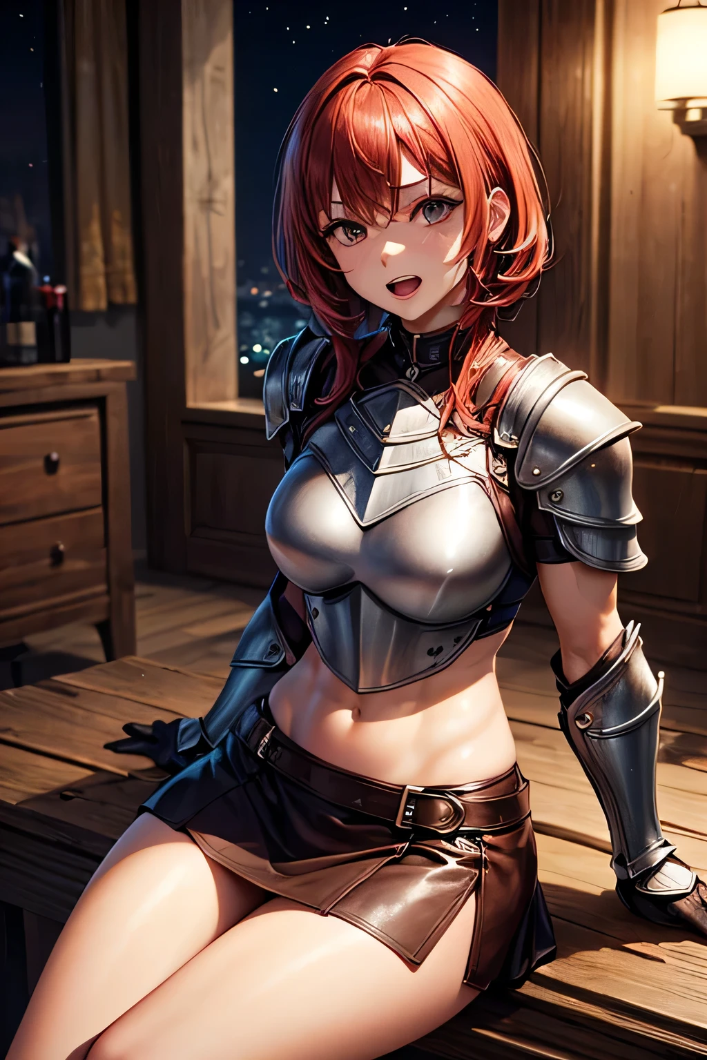 ((1young girl, red hair, short bob, brown eyes)), (best quality), (ultra-detailed), illustration, (detailed light), (an extremely delicate and beautiful), (mortifying:1.2), (angly:1.2) black sexy armor, ((arms is restrained to chair behind back by red rope)), from above, (Beautiful large breasts:1.3), best quality, extremely detailed CG unified 8k wallpaper, High-definition raw color photos, professional photography, (((Bokeh))), Inside the room of mountain hut,