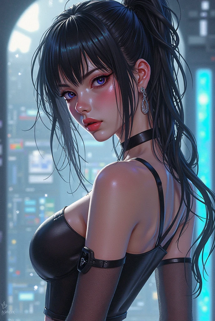 3/4 body shot, 16K, HDR, UHD, best quality, RTX, ray tracing, hyper realistic, ethereal masterpiece, anime style, dystopian city, cyberpunk era, modern age, futuristic, long shot, beautiful woman, detailed rain droplets, wearing vibrant casual streetwear, translucent clothing, chromatic aberration, holographic, iridescent thin film RGB clothing, sleeveless, cleavage, big breasts, ultra beautiful detailed eyes, hyperdetailed face, complex, perfect, model, textured, chiaroscuro, professional make-up, realistic, rough, dominating, figure in frame, by WLOP, cinematic lighting, award winning,