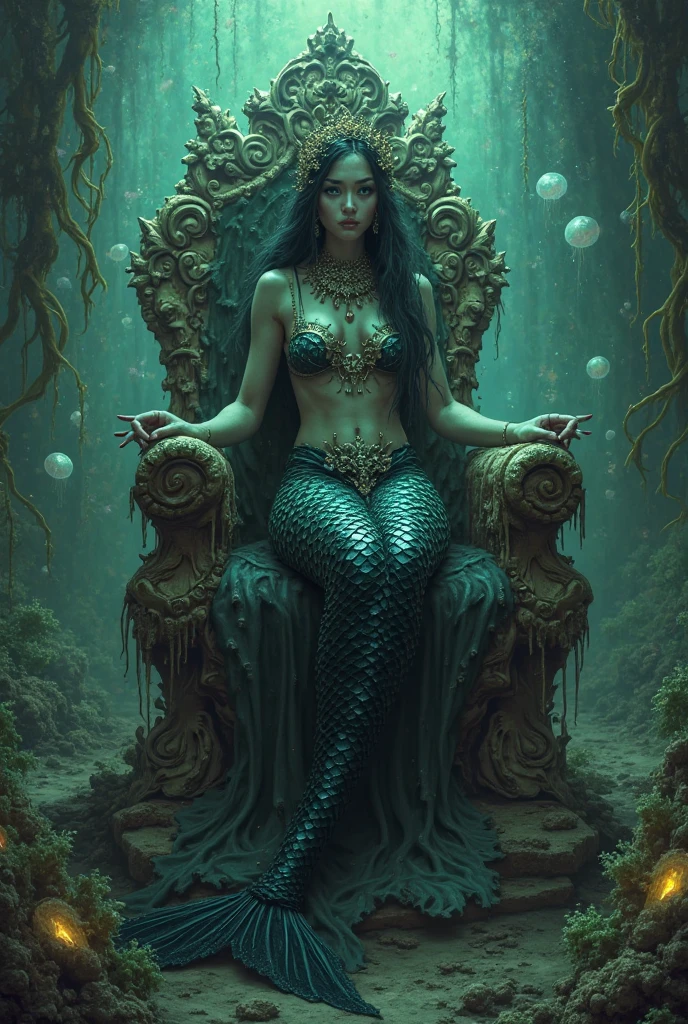 generate nyi roro kidul ((((gigantic breqst:1,9))), wearing tight luxury green kebaya, luxury bustier corset, batik tight long skirt and sanggul hair, slim waist, propotional body, sitting on her throne under the sea, she is holding a luxury trident, her aura is like a queen aura, make the picture looks so tense as she is looks angry, masterpiece, hyperdetail, 8k, ambient effect, digital effect, (((nsfw))), (((nude))), (((nipples))), (show boobs), (show cleaveage), masterpiece, best quality:1.2),,(8k,highres,RAW photo,realistic,photo-realistic:1.3),(detailed skin texture,detailed cloth texture,beautiful detailed face:1.25),professional lighting,photon mapping,beautiful soft light,radiosity,physically-based rendering,raytracing, model shoot style, model shoot style, (extremely detailed CG unity 8k wallpaper), full shot body photo of the most beautiful artwork in the world, (((nsfw))), (((nude))), (((nipples))), (show boobs), (show cleaveage)