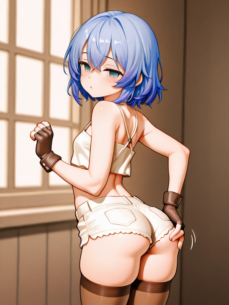 Anime girl white hair light blue eyes small bikini suit black tape tied hands behindback tape tied leg look from behind