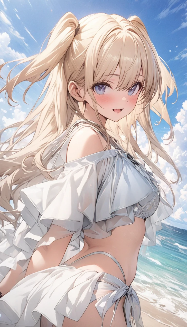 masterpiece, rich colors, Best quality, detailed, high resolution, Hyper quality, high detail, , high quality, detailing, skinny sexy girl on the beach , bright lighting , Brown eyes, Anime, palm trees, bright lighting, blonde,
