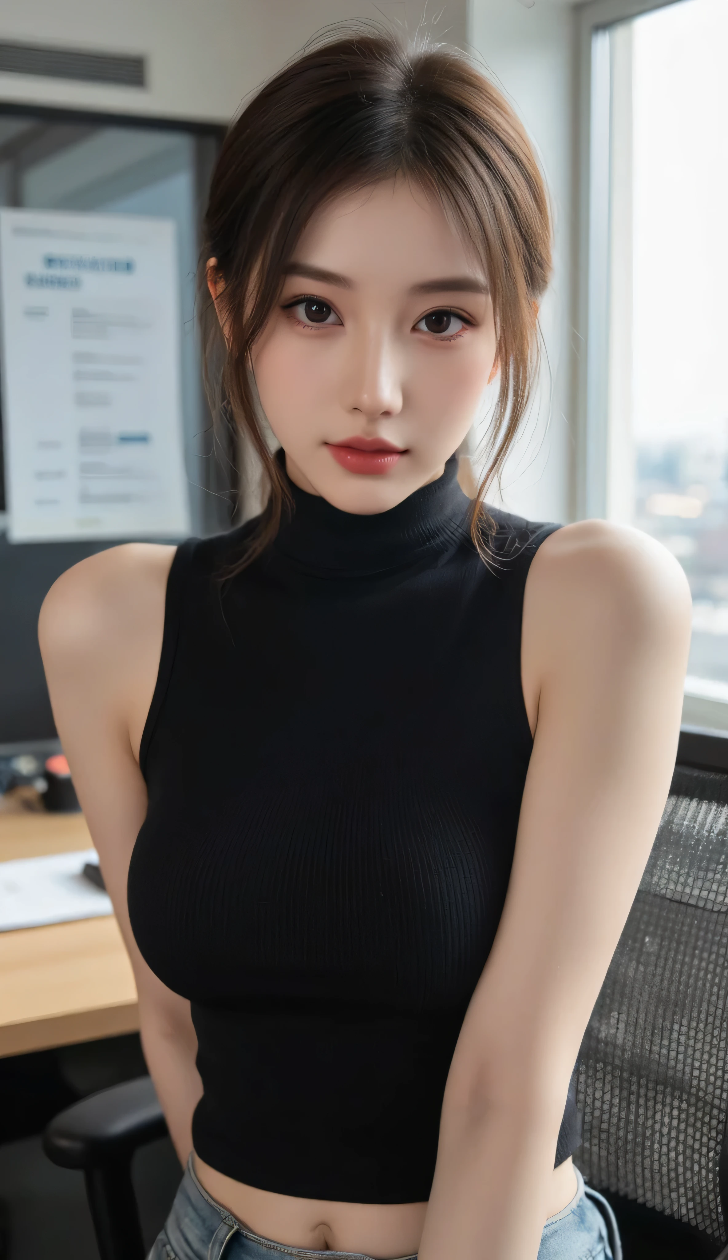 On the table、best quality、illustration、 Ultra Detailed、High resolution、8k wallpaper、Perfect dynamic composition,、Beautiful and detailed eye hair、(Beautiful big breasts:1.3)、Natural lip color、Bold and sexy pose、Smile、Harajuku、20 year old girl、Lovely、Sexy shot looking at camera、(Top quality: 1.3), (masterpiece: 1.3), (Super Detail: 1.3), (wallpaper, a girl: 1.1)、(Delicate hands and fingers:1.2)、(Delicate and super shiny skin:1.1)、Greasy shiny thighs、(Perfect and pretty black sleeveless knit top:1.4)、Grey shorts、(Black tights:1.3)、brown hair、short hair、Bounce Hair、Beautiful sister、(A park:1.2)、(Beautiful big breasts:1.2) 、Standing、Bend forward