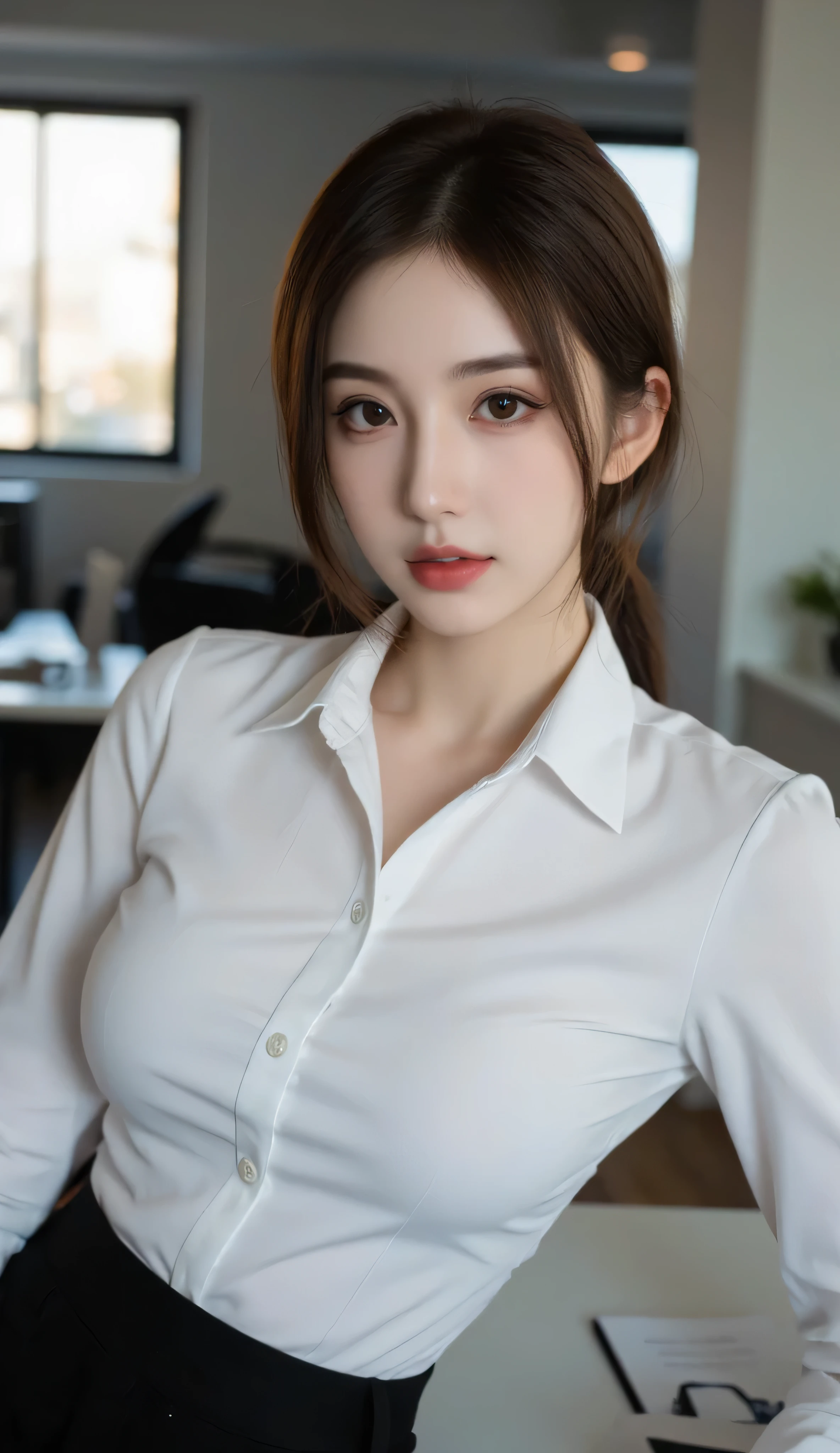 close-up of beautiful korean female, 34 inch breasts size, wearing fitting shirt, skirt, in yhe office room, bokeh background, UHD