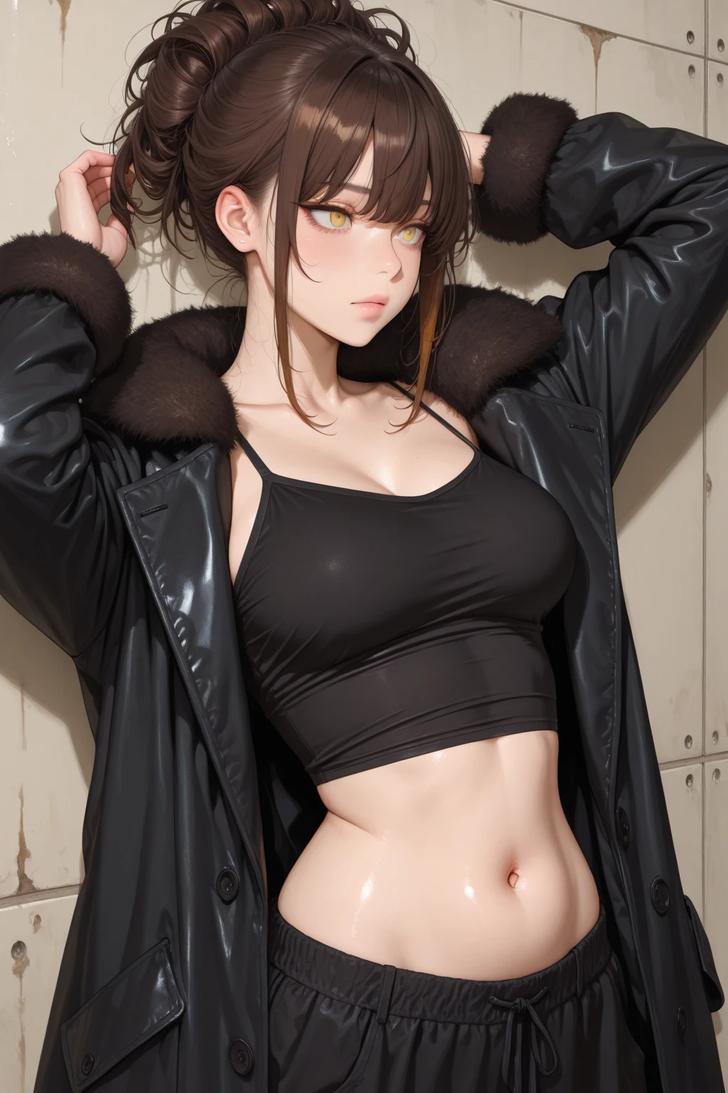(best quality,highres:1.2), ultra-detailed, realistic:1.37, anime, portraits, vivid colors, bokeh, studio lighting, sharp focus, physically-based rendering, professional, Fubuki, One Punch Man, model figure, Stunning details, short fur coat on a half-naked body(panties and T-shirt are included), tattoo on stomach(Butterfly), body half naked(navel with tattoo visible), high face resolution (elongated oval), full height, Bottom-up view of the camera