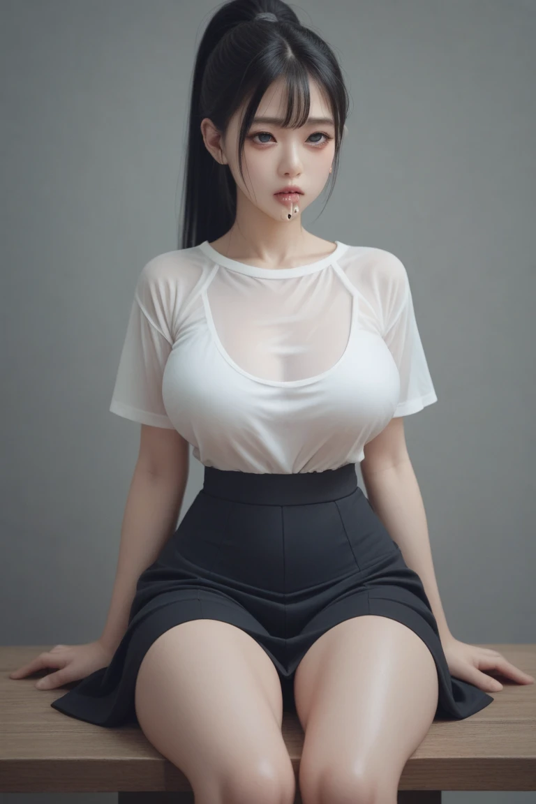 1 woman, high resolution, masterpiece, Anatomically correct, 最佳quality, detail, HD model, 高detail, 高quality, quality, Very detailed, Retina screen, Textured Skin, Ultra HD, Long hair, Black Hair, Big breasts(d), earrings, Blushing,Open your legs,Camel toe showing,Detailed nipple pictures,Detailed pictures,White transparent T-shirt,Transparent Clothes,No pants,No underwear,In the crowd,On the sidewalk,Squatting on the ground