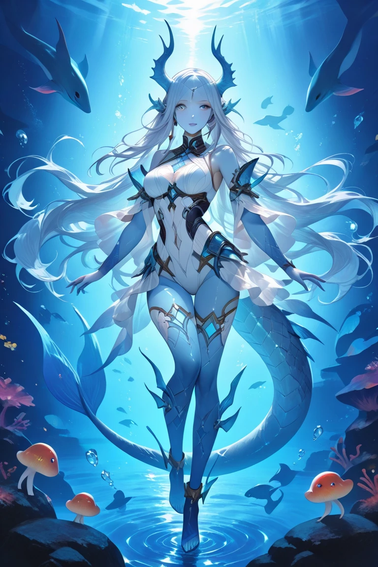 young girl, (((slim body))), ((slender body)), (((flat chest))), slim waist, (((deep sea))), (((darkness))), ((dark background)), (((underwater))), (((deep sea fish in the background))), ((anglerfish)), (sharks), (((bioluminescence))), (glowing white eyes), ((silver white eyes)), white hair, (((white-skinned))), ((shiny skin)), ((glowing speckles on skin)), (big eyes), (pointy ears), deep sea monster, fins, spikes