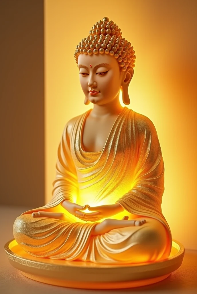 Buddha with a fan of flowers in his hand, within the sphere of radiant golden light, illuminated with blue light, realisitic
