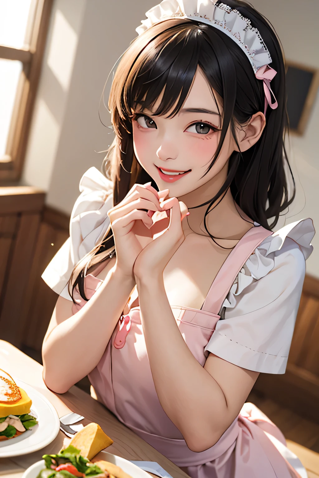 solo, upper body of cheerful maid in a pink frilly outfit with delicate lace, headband, joyful, sparkling infectious gleeful smile to viewer, love struck, both hands forming a heart shape over single Omelette on the table:1.3, maid café, low angle:1.2, bust-up, high resolution, high detailed, focal on detailed face