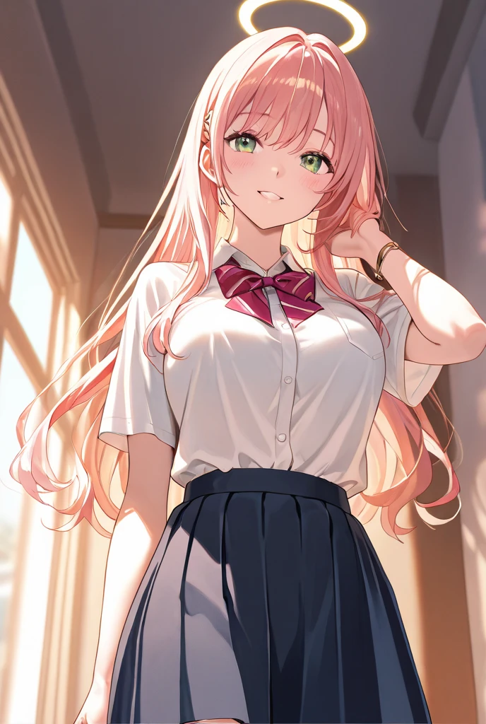 Nanadviluk, Nana this Dveluk, Fang, Long hair, (Pink eyes:1.5), Pink hair, Tail, double tails, (Flat chest:1.2),
Break the green skirt, tartan, plaid skirts, Sainan High School uniform, school uniform, Skirt, shirt, White shirt, sweater vest, (Yellow sweater vest:1.5), Short sleeves,
BREAK looking at viewer,
Break indoors, Classroom,
Break (Masterpiece:1.2), Best quality, high resolution, Unity 8k wallpaper, (illustration:0.8), (Beautiful detailed eyes:1.6), Extremely detailed face, Perfect lighting, Extremely detailed CG, (Perfect hands, Perfect anatomy),