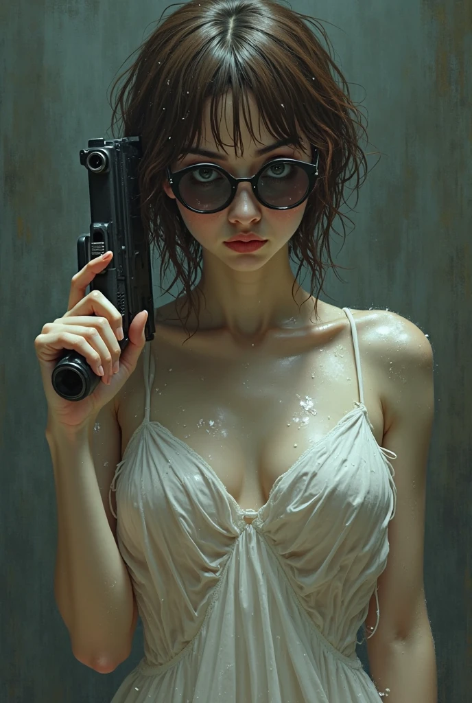 ((top-quality)), ((masterpiece)), ((ultra-detailliert)), (extremely delicate and beautiful), Digital art, (extremely detailed fine touch:1.3), (2D:1.3), dark lighting, horror movie scene, 1girl, solo, short hair, torn clothed, (((under-rimmed glasses:1.3))), (headphones:1.0), medium breasts, bare arms, The background is a typical Japanese high sclool with horror movie setting, style of Japanese horror films like 'Ju-on', pose : holding guns, dirty skin, sweaty