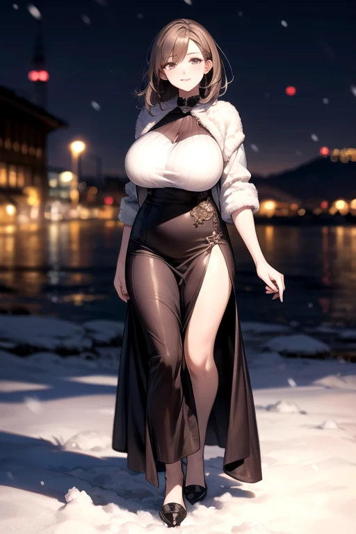 ((Highest quality,4K,High resolution,masterpiece:1.2)),((Character Concept Art)), 1 female, 20-year-old women, ((Shoulder-length brown hair、Hair curled loosely inwards)), (Skin as white as snow), Very detailed eyes (Brown Eye Color), have confidence, beautiful, slim body build, Big Breasts、((Intricate details)), Very finely crafted needles, Very finely crafted fingers(((10 fingers))), ((Mini wrap dress with a complex pattern_long see through sleeves_whitecolour_HermesHermes pattern_Mini wrap dress:1.3)), (Full-body showcase), (Show whole body),A shy smile、In the hustle and bustle of the city、((Standing with grace、Hands on her west:1.5))