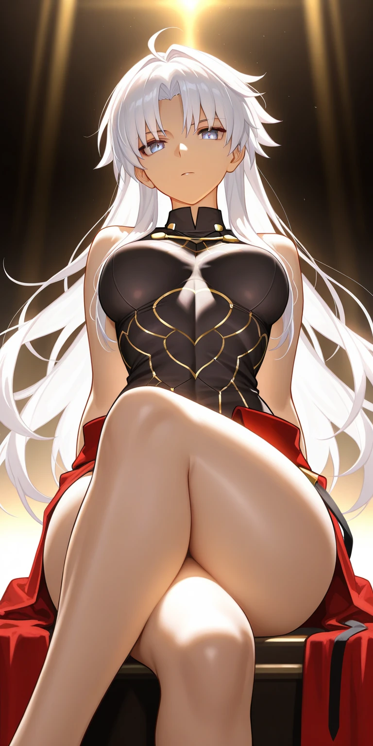 nsfw, ((Highest quality)), ((masterpiece)), ((Surreal)), Anime Style, 1girl, ((Langrisser)), ((Curvy: 1.2)), cute, ((See-through leotard with cutouts)), ((dress)), Skirt flip, Long white hair, Ahoge, amount, Parted bangs, ((Large Breasts)), (Absolute territory black knee socks), Very beautiful long legs, (between legs), Beautiful Eyes, Perfect Face, Perfect hands, Perfect Fingers, Puffy nipples, Pussy juice, Sexual Ecstasy, trembling, foot focus, M legs
