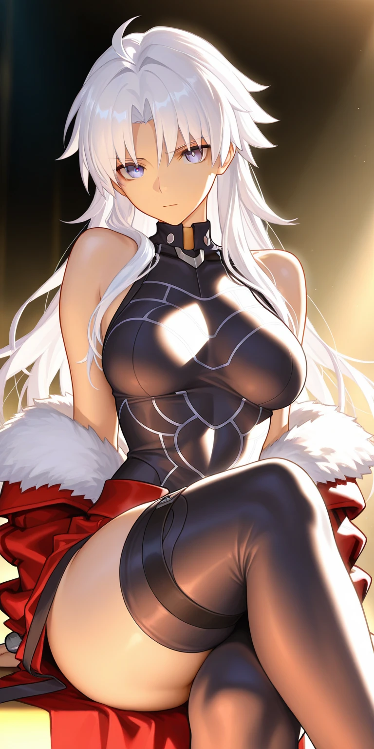 1girl, white hair, long hair, red eyes, serious, glowing eyes, large breasts, thick thighs, mature female, athletic female, toned, leotard, black leotard, knife, fur trim, fur, fur-trimmed jacket