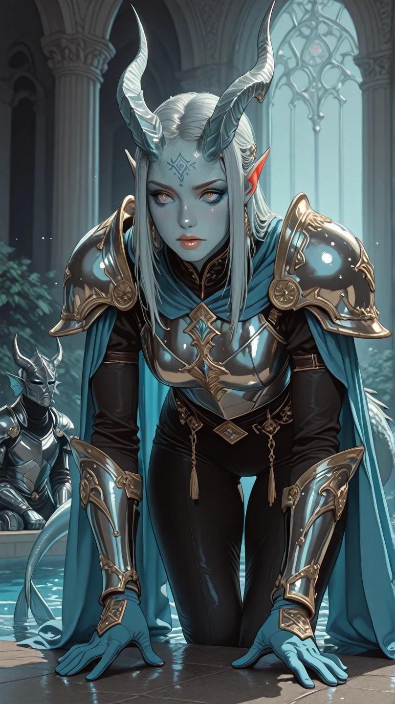 Keep everything from the original without flaws, character description, female 40 years old, Tiefling, playable race of DnD, the race was changed.
The changes in the character: ears with long and prominent gills, have a light blue skin tone, illuminated skin with pearly reflections with a texture as if it were wet, has some designs like arcane glyphs tattoo on her, eyes with sparkling blue irises, on her head she has a pair of horns of the same tone as her skin but a little darker and rougher, her tail has fins and gills, at the tip there is a leaf-shaped fin to help make quick movements in the water while swimming.

Affections and makeup: Her hair is black and loose, the character uses makeup: eyes with silver and lilac shadows, metallic blue eyeliner and small magical sparkles. Lips in deep tones like bluish wine. Her nails are dark, thick, thick, pointed and polished. She is in a middle a giant hall of a big castle.

costume: Silver breastplate with polished metallic finish and ornamental contours, anatomically shaped to fit the bust, featuring articulated plates adorned with fine chains and engraved patterns; large, pointed pauldrons made of the same silver metal, etched with arcane runes or mystical symbols; long sleeves made of deep blue fabric with an elegant finish; matching blue gloves made of leather or similar material, extending to the forearms and seamlessly integrated into the armor; armor extending over the hips with metallic plates and flowing blue fabric draped like a side tunic; decorated with golden chains and embellishments; tight black pants with silver armored sections on the thighs and knees, matching the upper armor; long, flowing blue cape attached beneath the pauldrons, falling elegantly behind the body; color scheme of vibrant blue, metallic silver, golden accents, and subtle black on flexible areas