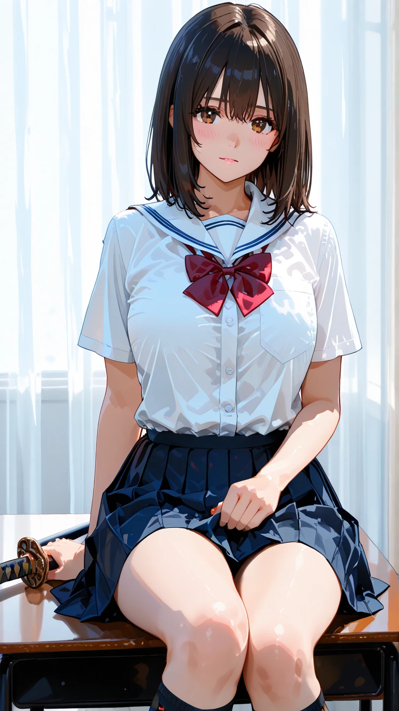 Japan woman in Alafed in sailor suit sitting on chair, realistic young gravure idol, Cute school girl, A surreal high school girl, Young and cute gravure idol, Surreal school girl, wearing Japanese school uniform, Young Gravure Idol, Japanese girls uniform, Japanese School Uniform, Young Sensual Gravure Idol, High school girl posing、(Panty showing pose), masterpiece, anatomically correct, textured skin, high details