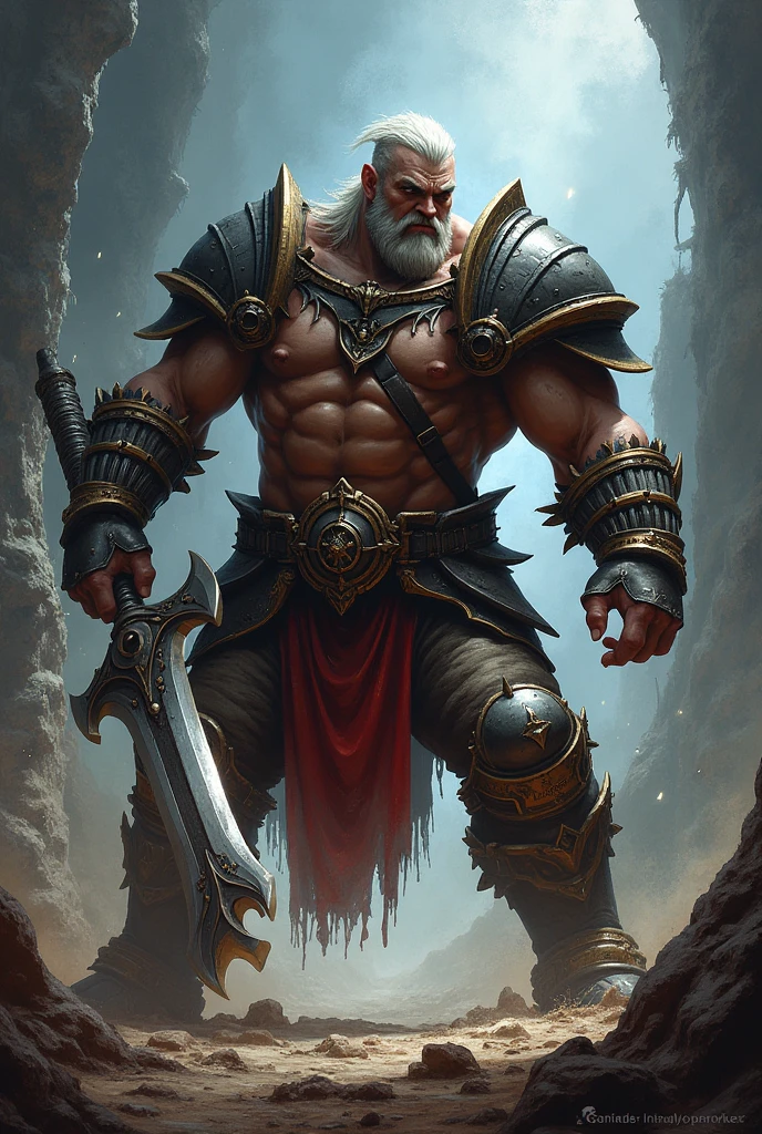 Warrior carved from stone, stone man, made of stone, gray skin, face tattoos, grey, armor, armor, armor, plate armor, giant, Shield and Sword. Закованный в armor. Magic around and the cave. Goliath, DND, warrior, gray skin, tattoo, plate armor, shield, sword.