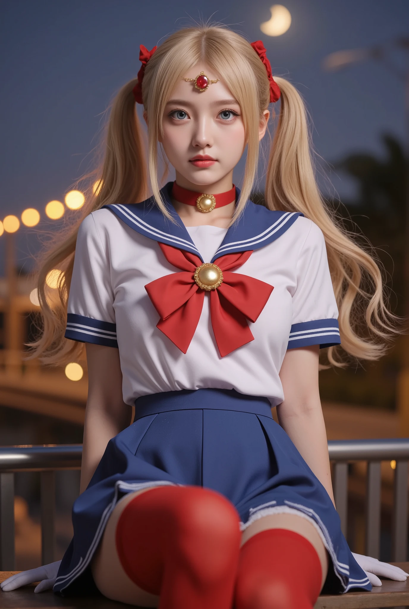 masterpiece, best quality, sailor moon,1girl, long hair,jewelry, sailor senshi uniform, blue sailor collar,blonde hair, red choker,white gloves, twintails, red bow, blue skirt, blue eyes, hair bun,